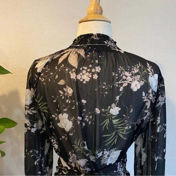 Sheer black floral high neck tie waist blouse - Picture 11 of 15